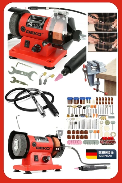 DEKO TURKEY DK105GRT Tezgah Tip Taşlama Parlatma Cilalama Gravür Hobi Taş Motoru + Mengene + 105 Parça Set+Flex ürün görseli 1