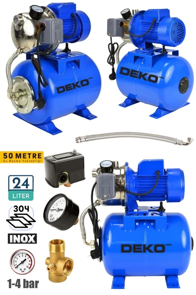 DEKO TURKEY 1.5 HP Paslanmaz Jet Pompalı Su Pompası + 24Lt Yatay Küre Tank Seti Otomatik Hidrofor Su Pompası ürün görseli 1