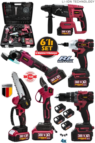 stilmax 388VF 10AH 6'lı Set Kırıcı Delici Matkap Taşlama Somun Sökme Dal Budama Makas Akülü Profesyonel Set ürün görseli 1