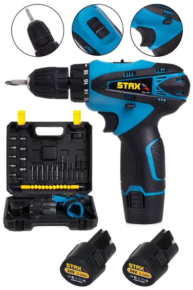 STAXX POWER American Type Şarjlı Matkap Vidalama Metal Şanzıman Çift Samsung Bataryalı 24 V 5 Ah + 24 Parça Set ürün görseli 1