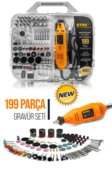 STAXX POWER Super199 199 Parça 500w Devir Ayarlı Hobi Gravür Oyma Makinesi Taşlama Zımpara Seti + Şaft Kablosu ürün görseli 1