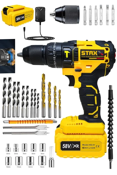 STAXX POWER Güçlü XL5800 10Ah 13 Mm Çelik Mandren Darbeli Çift Akülü Vidalama Çelik Şanzuman Şarjlı Matkap ürün görseli 1
