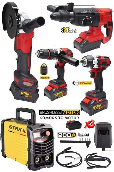 STAXX POWER Süper Seri 5’li Takım: 200A Kaynak Makinesi + 3 Akülü Matkap + Taşlama Somun Sıkma Kırıcı Delici Set ürün görseli 1