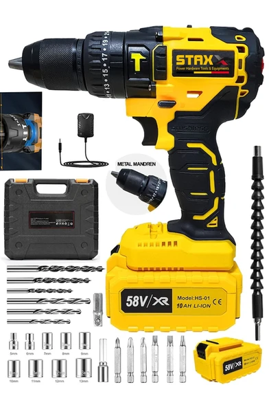 STAXX POWER Alman 5800VL 10Ah 13 Mm Çelik Mandren 25+3 Darbeli Çift Akülü Vidalama Çelik Şanzuman Şarjlı Matkap ürün görseli 1
