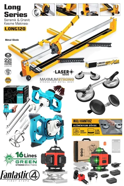 STAXX POWER Fantastic 4'lü Seramik Usta Seti – 120cm Seramik Kesme, Lazer Hizalama, Vantuz ve Karıştırıcı Mikser ürün görseli 1