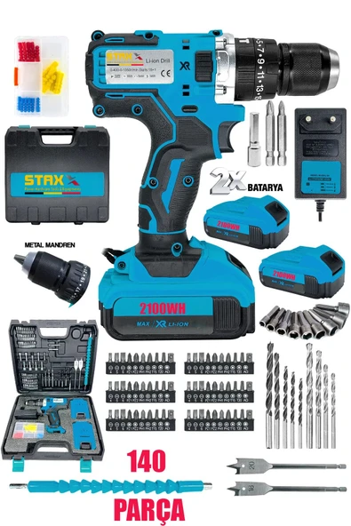 STAXX POWER 2100WH Li-İon 10Ah Çelik Mandren x2 Akülü Darbeli Şarjlı Matkap Seti - 140 Parça Full Çantalı Set ürün görseli 1