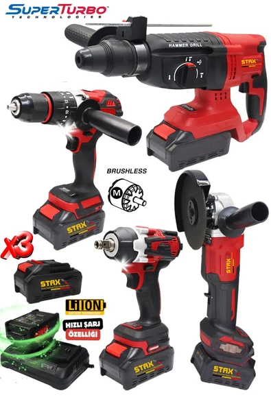 STAXX POWER SüperRed Seri 4'lü Profesyonel x3 Akülü Hızlı Şarjlı Kırıcı Delici Taşlama Vidalama Somun Sökme Seti ürün görseli 1
