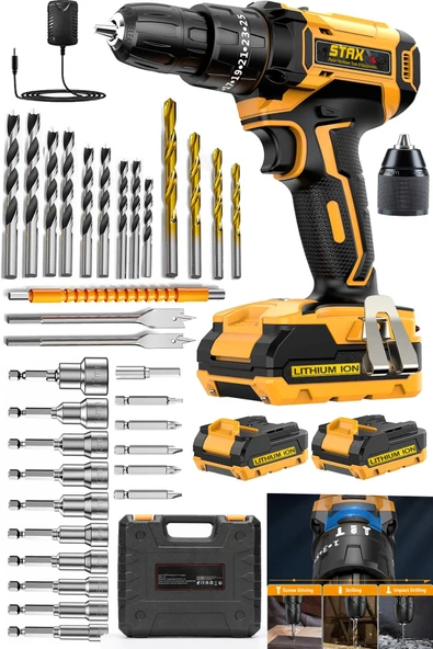 STAXX POWER Fast 25+3 Metal Dişli Çelik Mandren 21700V-Lion Çift Akülü Darbeli Vidalama Matkap + 32 Pcs Set ürün görseli 1