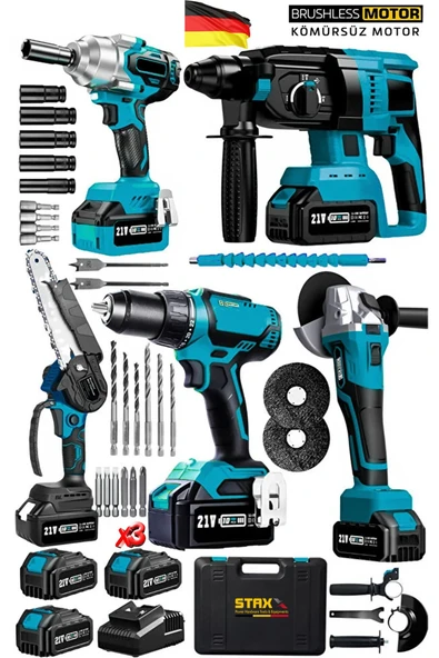 STAXX POWER Süper 5'li Mega Multi Kömürsüz Set x3 Akülü Taşlama Somun Sıkma Kırıcı Delici & Dal Budama Testere ürün görseli 1