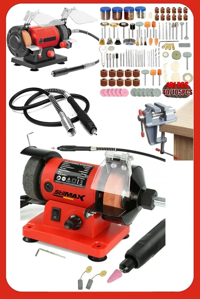 stilmax Tezgah Üstü Mini Çark Taşı Taş Motoru Çift Taraflı Hobi Gravür Taşlama Dremel 105Pcs Seti + Mengene ürün görseli 1