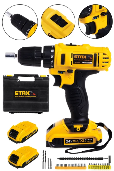 STAXX POWER American Type Şarjlı Matkap Vidalama Metal Şanzıman Çift Samsung Bataryalı 24 V 5 Ah 26 Parça Set ürün görseli 1
