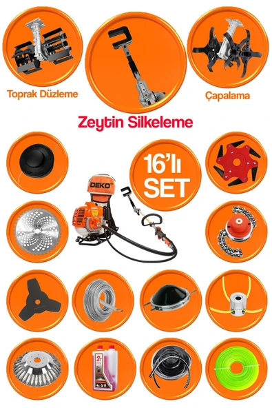 DEKO TURKEY Muhteşem 16 Parçalı Benzinli Sırt Tipi Tırpan + Çapalama Aparatı + Eşeleme + Zeytin Silkeleme ürün görseli 1