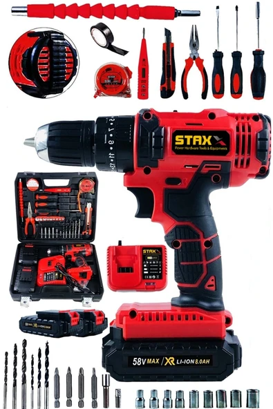 STAXX POWER Darbeli Bakır Motor Profesyonel Turbo Şarj Entegreli Çift Akülü Şarjlı Vidalama Matkap + Full Set ürün görseli 1