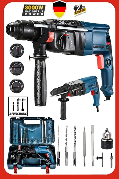 DEKO TURKEY 2.28mm 3000 Watt Bakır Sargılı 7 Joule Kablolu Kırıcı Delici Hilti Darbeli Matkap + Uç Takım Hediye ürün görseli 1
