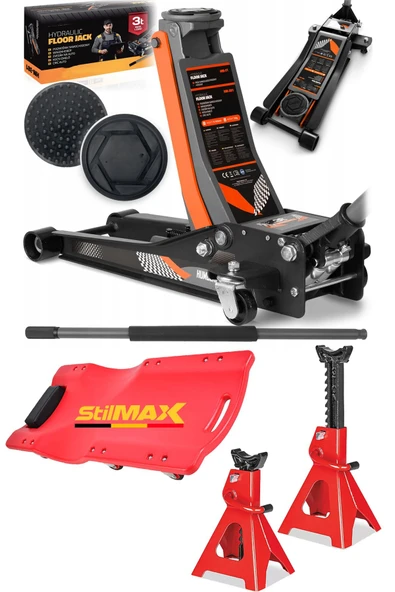 stilmax 3Ton Düşük Profil Çift Piston Güçlendirilmiş Kriko + 3Ton Sehpa Kriko Seti Tamirci Kızağı Garaj Seti ürün görseli 1