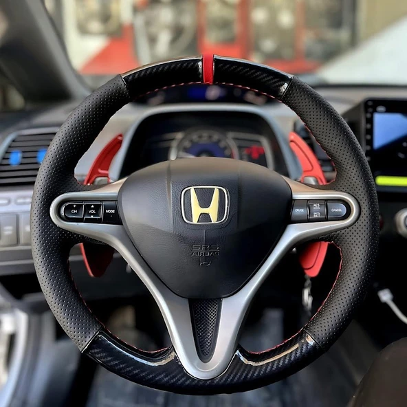 HONDA CİVİC FD6 Araca Özel Direksiyon Kılıfı 5D KRİSTAL KARBON NOKTA SİYAH İP ürün görseli 1