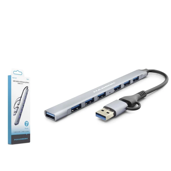 Hadron Hdx7857 Usb + Type-C Hub 7İn1 1-Usb3.0 6-Usb2.0 Gri ürün görseli 1
