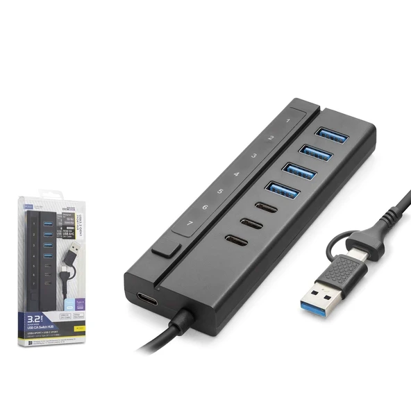 Hadron Hdx7062 7 Port Usb Hub 5Gbps 4X Usb-A 3.2 + 3X Usb-C 3.2 7 Port 2İn1 Kablolu Çoklayıcı Siyah ürün görseli 1