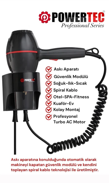 Powertec TR-301 Askı Aparatlı | Otel Tipi | Profesyonel Saç Kurutma & Fön Makinesi ürün görseli 1