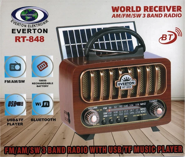 Everton Rt-848 Güneş Enerjili Panelli Bluetooth Fm-Usb-Tf Card-Aux Nostaljik Radyo ürün görseli 1