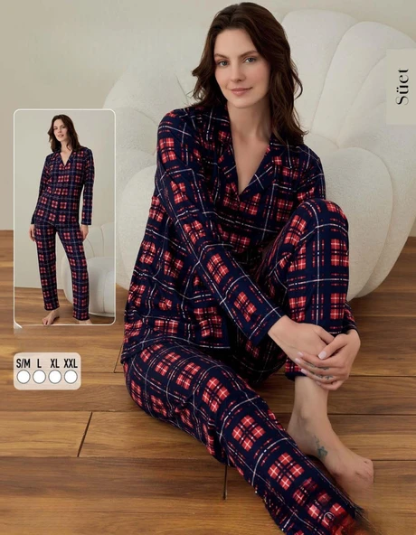 Boyraz Kadın Süet Boydan Düğmeli Pijama Takımı 02003 - 1 Adet  Lacivert S - M ürün görseli 1