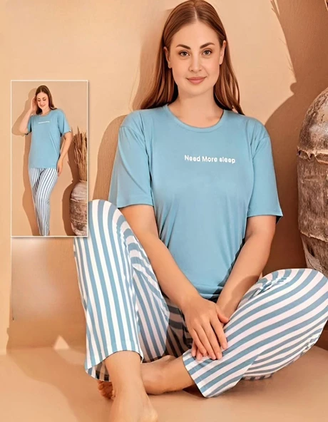Boyraz Kadın Milan Büyük Beden Bisiklet Yaka Kısa Kol İnce Pijama Takımı 11060 - 1 Adet  XL Mavi ürün görseli 1