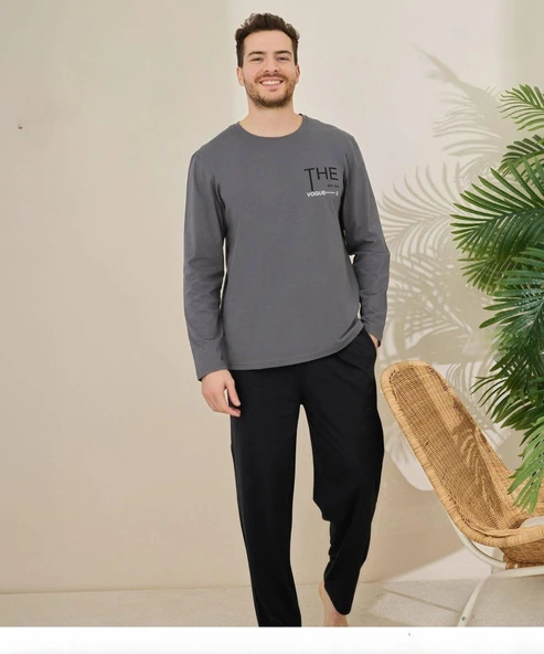 Pijamoni Erkek Pamuklu Bisiklet Yaka Uzun Kol İnce Pijama Takımı 6150/10 - 1 Adet  XL Füme ürün görseli 1