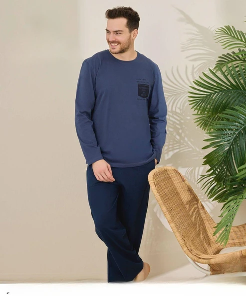 Pijamoni Erkek Pamuklu Bisiklet Yaka Uzun Kol İnce Pijama Takımı 6150/8 - 1 Adet  L Mavi ürün görseli 1