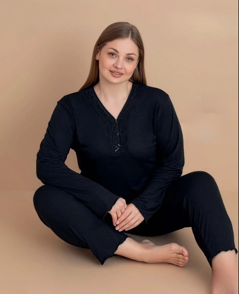 Pijamerry Kadın Büyük Beden Dantel Yaka Bambu Uzun Kol İnce Pijama Takımı 5544 - 1 Adet  4XL Siyah ürün görseli 1
