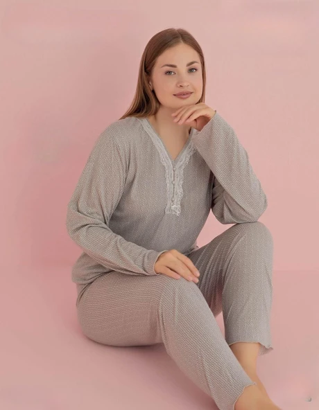 Pijamerry Kadın Büyük Beden Dantel Yaka Bambu Uzun Kol Pijama Takımı 5070 - 1 Adet  2XL Gri-Kahverengi ürün görseli 1