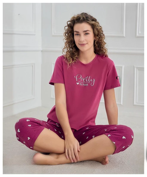 Mihra Kadın Bisiklet Yaka COMPACT PENYE Likralı KAPRİ Kısa Kol Pijama Takımı 90753M - 1 Adet  S - M Mürdüm ürün görseli 1