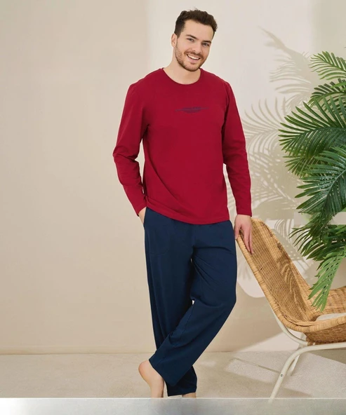 Pijamoni Erkek Pamuklu Bisiklet Yaka Uzun Kol İnce Pijama Takımı 6150/13 - 1 Adet  L Kırmızı ürün görseli 1