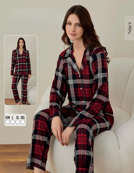 Boyraz Kadın Süet Boydan Düğmeli Pijama Takımı 02007 - 1 Adet  L Kırmızı ürün görseli 1