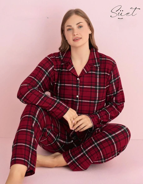 Pijamerry Kadın Büyük Beden Gömlek Yaka Süet Uzun Kol Pijama Takımı 5270- 1 Adet  Bordo 3XL ürün görseli 1