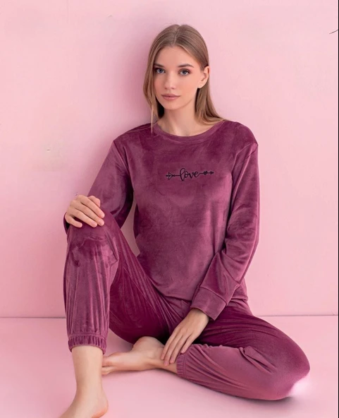Pijamerry Kadın Kışlık Bisiklet Yaka Kadife Pijama Takımı 3030G - 1 Adet  2XL Gül Kurusu ürün görseli 1