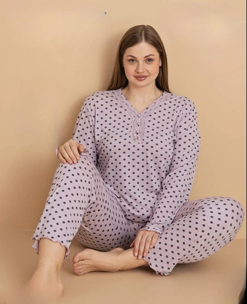 Pijamerry Kadın Büyük Beden Dantel Yaka Bambu Uzun Kol İnce Pijama Takımı 5675 - 1 Adet  2XL Lila ürün görseli 1