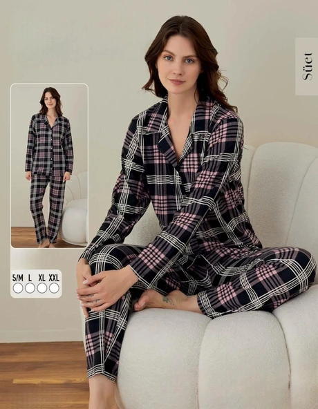 Boyraz Kadın Süet Boydan Düğmeli Pijama Takımı 02008 - 1 Adet  XL Gri ürün görseli 1