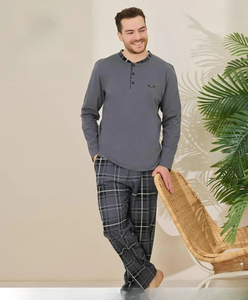 Pijamoni Erkek Pamuklu Düğme Yaka Uzun Kol İnce Pijama Takımı 100/3 - 1 Adet  L Füme ürün görseli 1