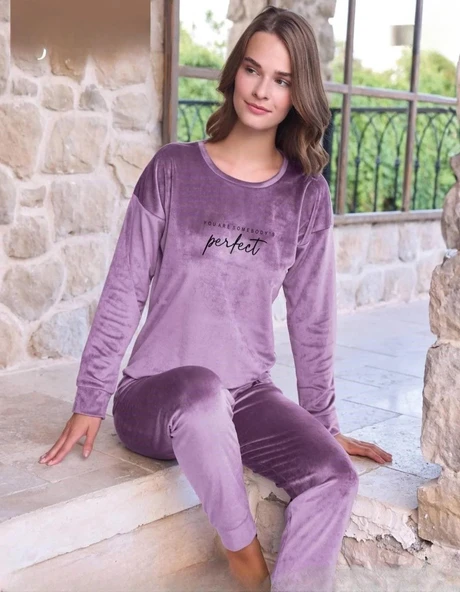 Pijamoni Kadın Kışlık Bisiklet Yaka Likralı Soft Kadife Pijama Takımı 4200/13 - 1 Adet  L Lila ürün görseli 1