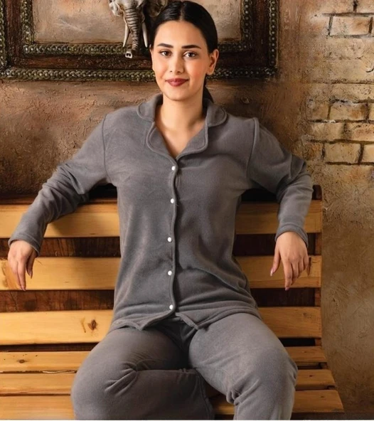 Sude Kadın Gömlek Yaka Polar Pijama Takımı M922 - 1 Adet  M Antrasit ürün görseli 1