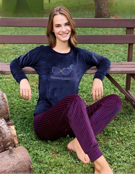 Pijamoni Kadın Kışlık Bisiklet Yaka Likralı Kadife Pijama Takımı 4210/3- 1 Adet  Lacivert 2XL ürün görseli 1