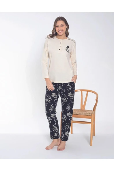 Senfoni Kadın Düğmeli Yaka Uzun Kol Pamuklu Pijama Takımı 6044 -1 Adet  XL Ekru ürün görseli 1
