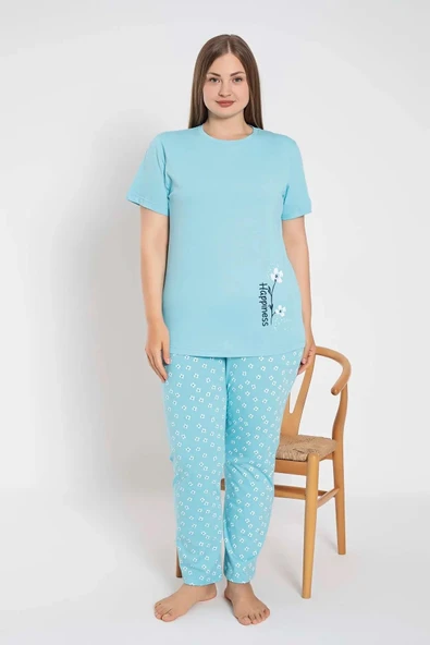 Senfoni Kadın Büyük Beden Bisiklet Yaka Kısa Kol Pamuklu Pijama Takımı 6083 -1 Adet  5XL Turkuaz ürün görseli 1