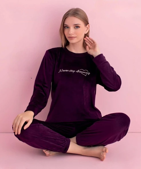 Pijamerry Kadın Kışlık Bisiklet Yaka Kadife Pijama Takımı 3042M - 1 Adet  2XL Mor ürün görseli 1