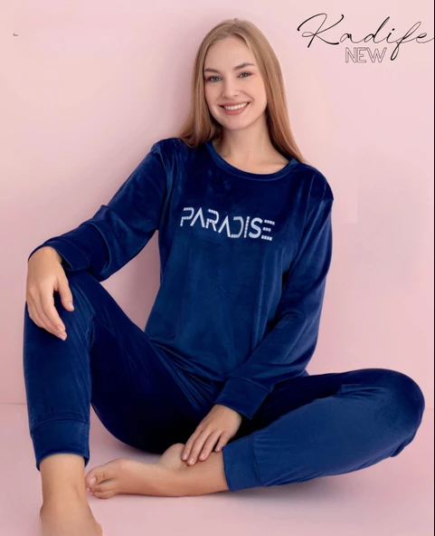 Pijamerry Kadın Kışlık Bisiklet Yaka Kadife Pijama Takımı 3017L - 1 Adet  Lacivert S ürün görseli 1