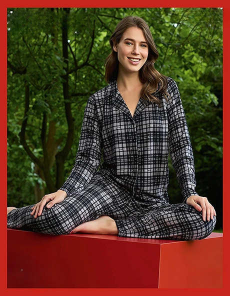 Pijamoni Kadın Süet Önden Düğmeli Likralı Pijama Takımı 10 - 1 Adet  XL Gri ürün görseli 1
