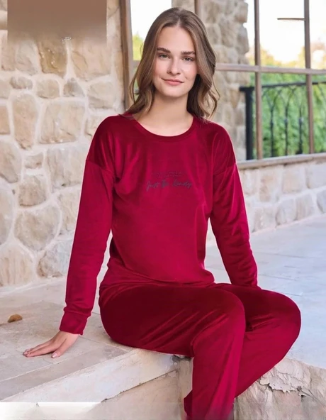 Pijamoni Kadın Kışlık Bisiklet Yaka Likralı Soft Kadife Pijama Takımı 4200/11 - 1 Adet  L Kırmızı ürün görseli 1