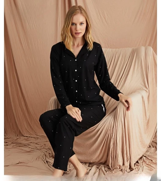 Pijamoni Kadın Süet Önden Düğmeli Pijama Takımı 56607 - 1 Adet  Siyah L ürün görseli 1