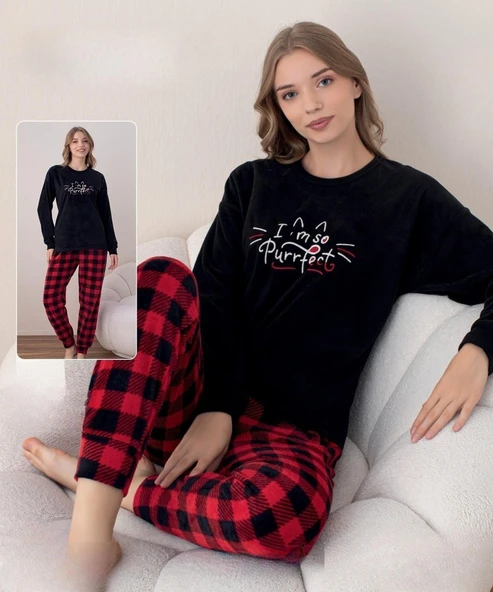 Boyraz Kadın Kışlık Bisiklet Yaka Soft Kadife Pijama Takımı 07018 - 1 Adet  XL Siyah ürün görseli 1