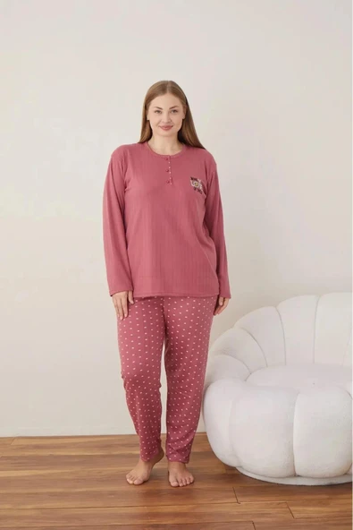 Lindros Kadın Pamuklu Düğme Yaka Raporlu İnterlok Battal Pijama Takımı 05121 - 1 Adet  5XL Gül Kurusu ürün görseli 1